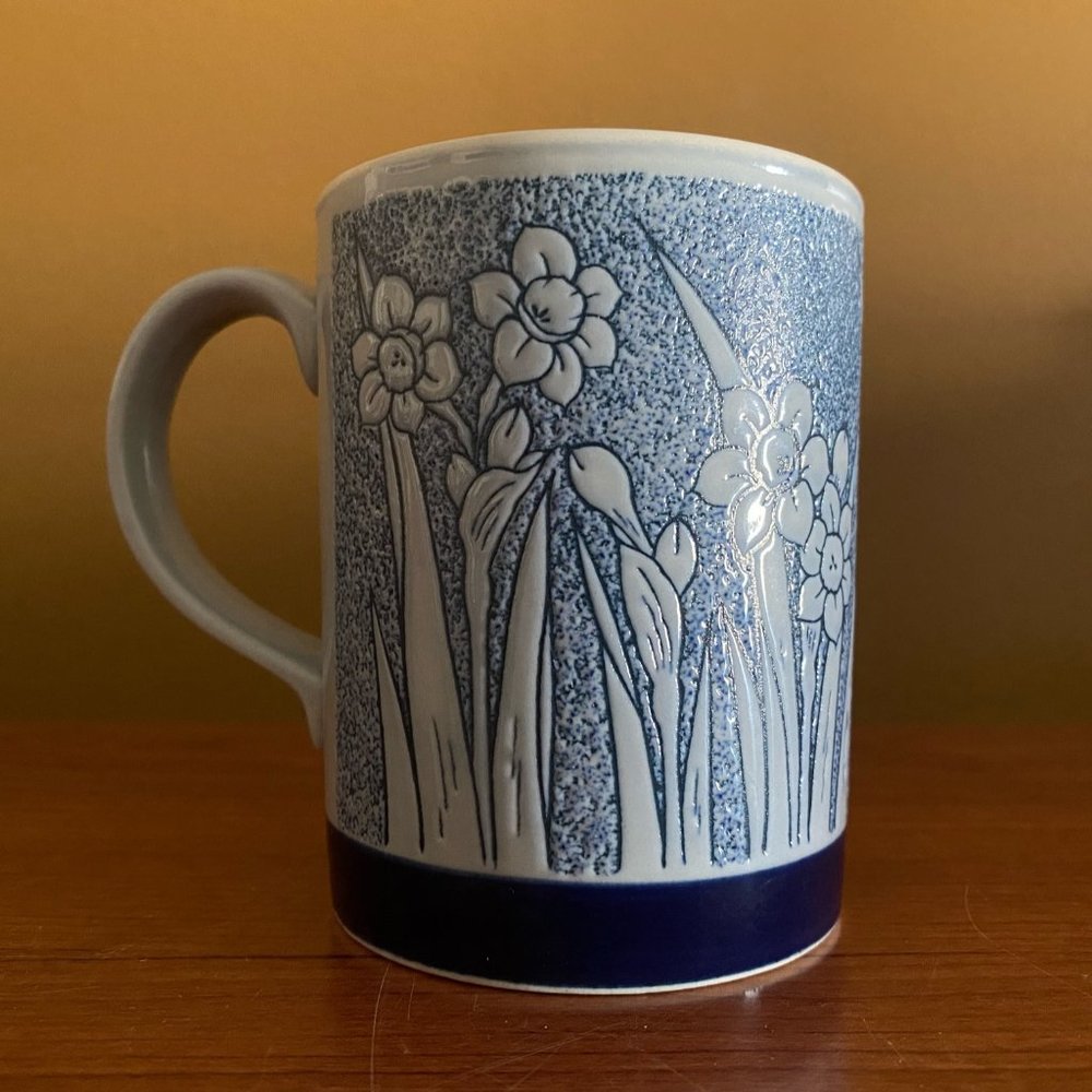 Blue ceramic floral mug